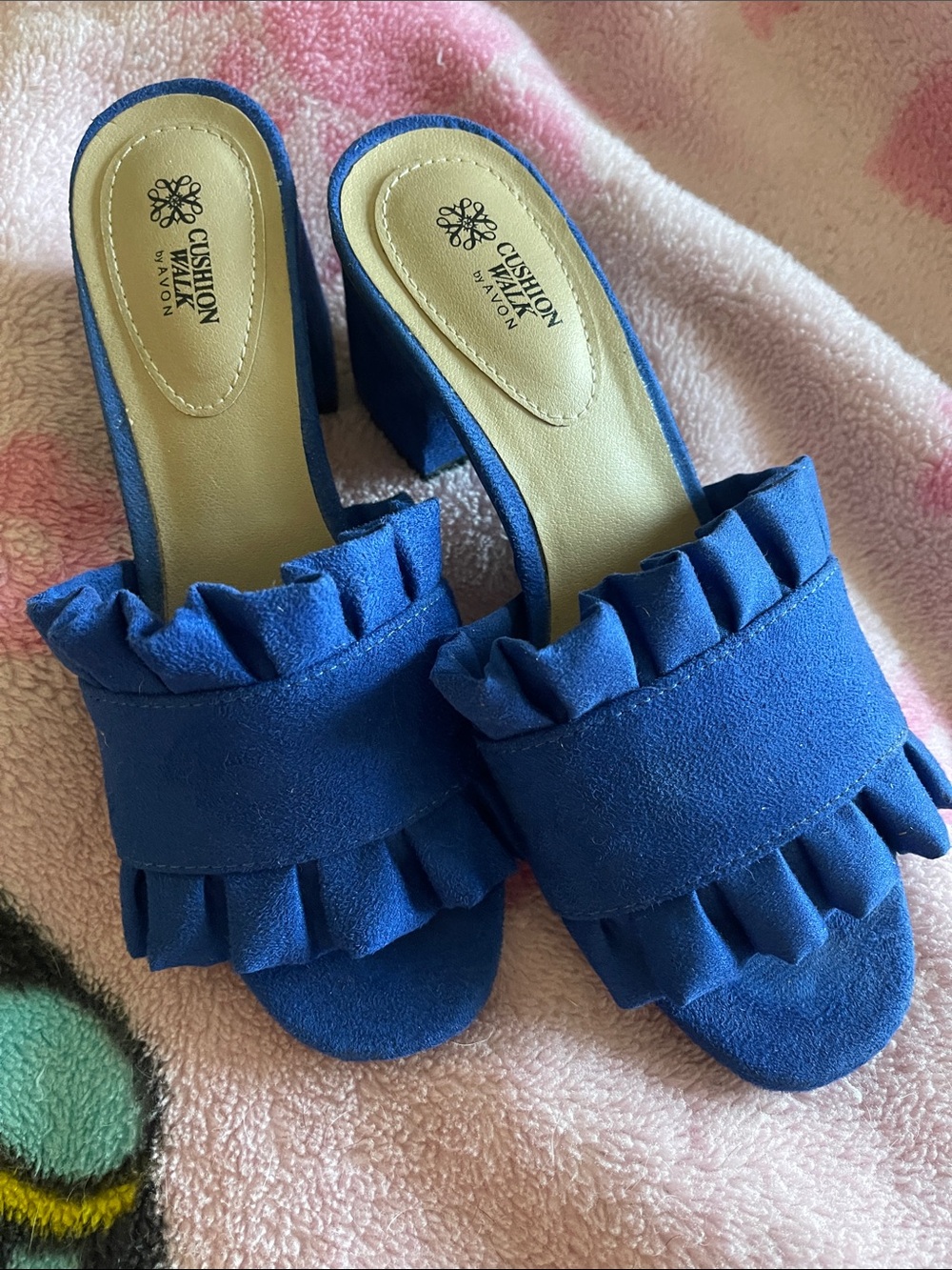 Avon Blue Ruffle Block Heel Mules